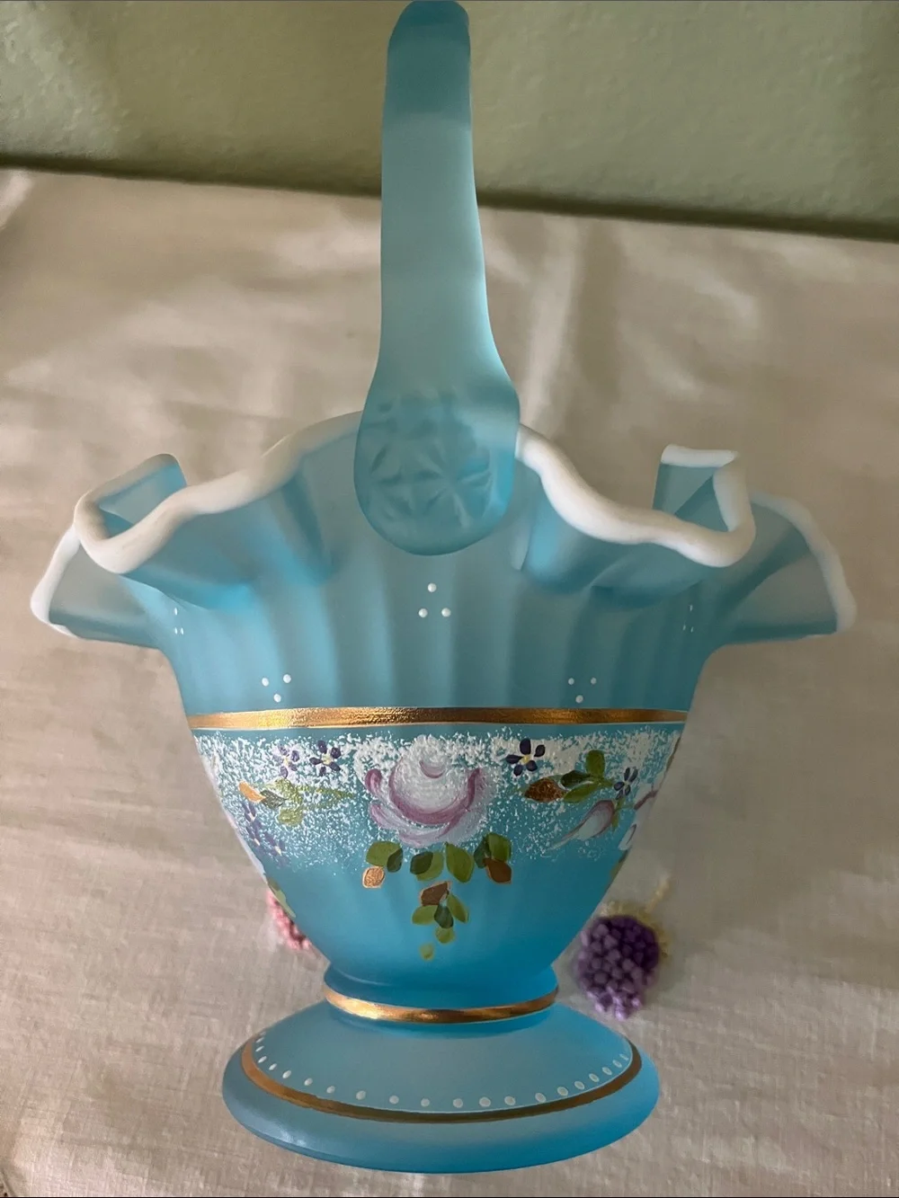 Fenton Charleton Collection 2002 Blue Satin Floral Basket Bill Fenton Signed